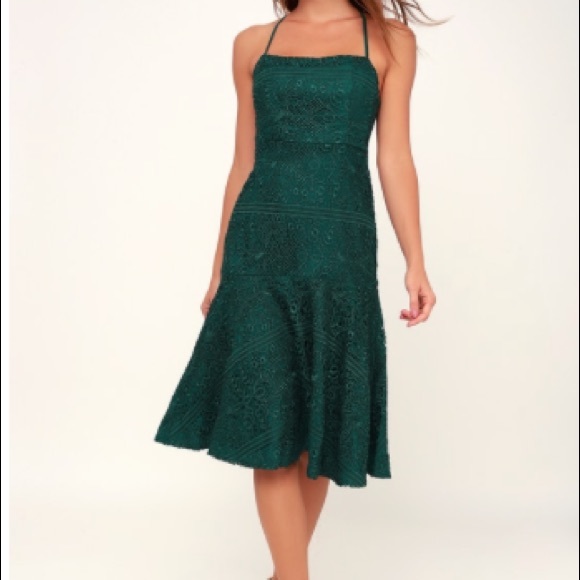 Forest Green Lace-Up Lace Midi Dress - Picture 3 of 4